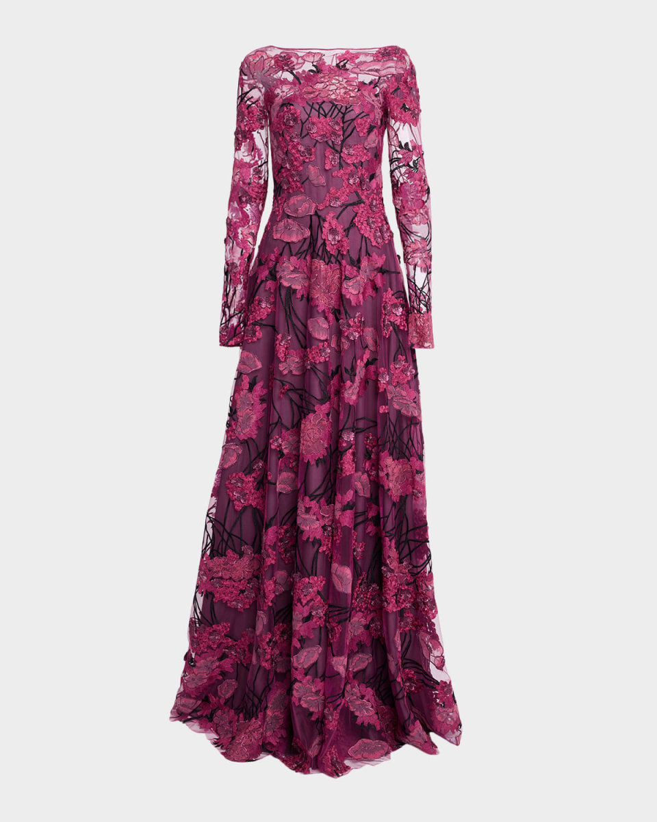 Floral Embroidered Long-Sleeve Illusion Gown